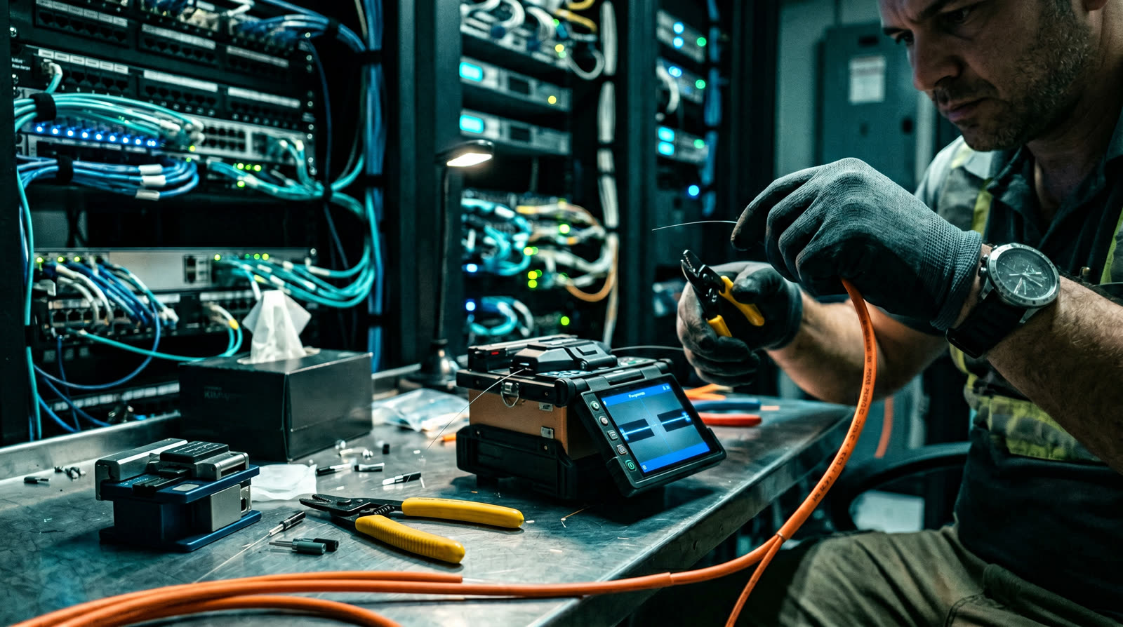 Fiber optic technician fusion-splicing OS2 single-mode cable in a Miami telecom room